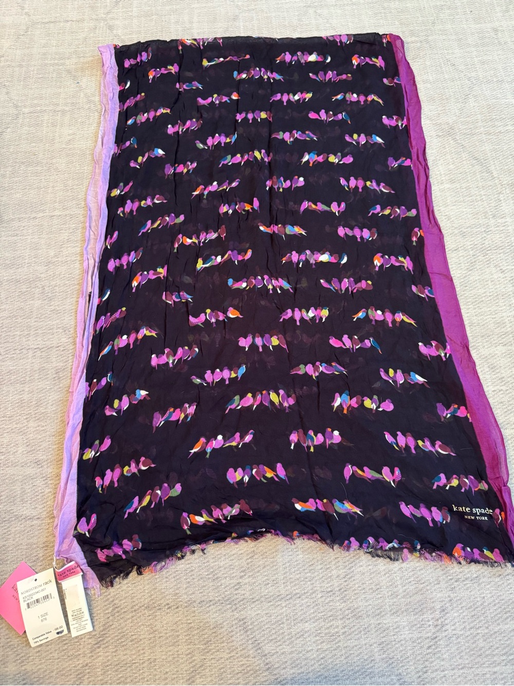kate spade Love Birds Black And Purple Oblong Scarf NWT
